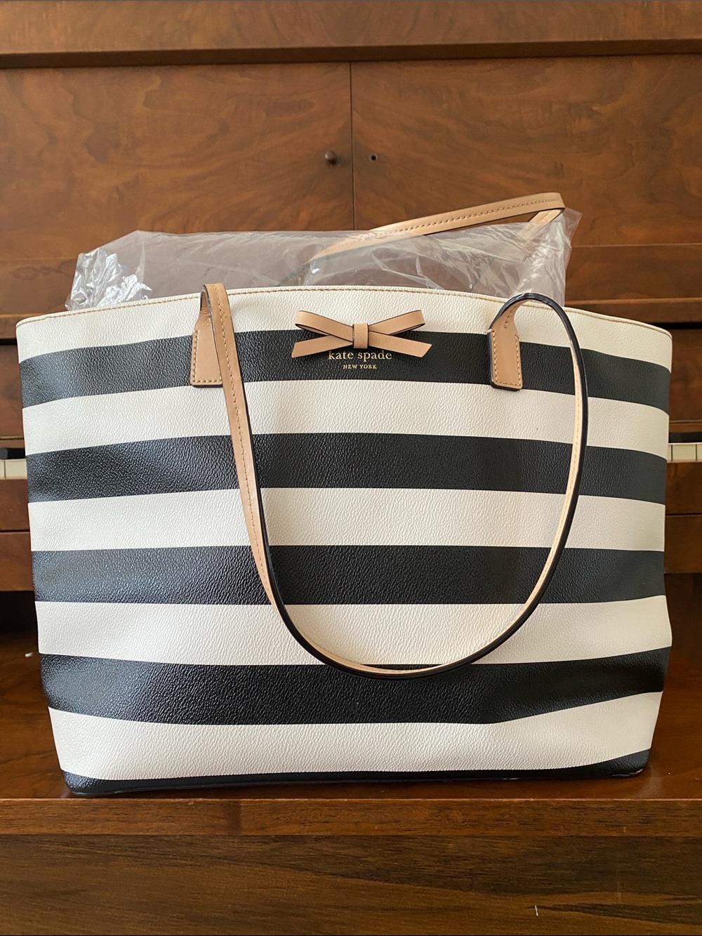 kate spade Black & White Striped Tote with Tan Trim